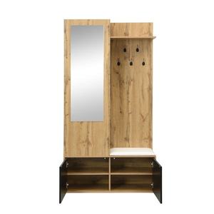Set pentru hol cu 5 cârlige pentru haine, oglindă, dulap pentru încălțăminte și bancă pentru hol, 100x38x191 cm, Negru+Culoare naturală imagine