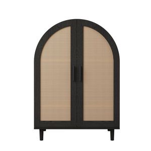 Dulap pentru pantofi cu exterior rotunjit, uși din ratan decupate și 3 rafturi, 70x40x100 cm, Culoare naturală+Negru imagine