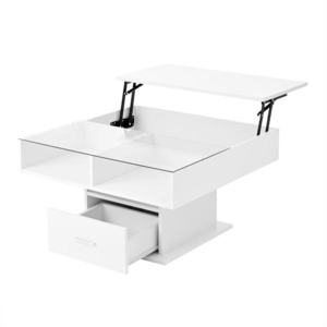 Masă de cafea multifuncțională, cu finisaj lucios și lift, cu iluminare LED, reglabilă pe înălțime și cu spațiu de depozitare flexibil, 78x78x45, 5 cm, Alb imagine
