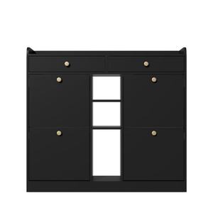 Dulap pentru pantofi cu 4 uși rabatabile, 2 sertare și 3 compartimente deschise, 110x26x100 cm, Negru imagine