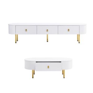 TV-dulap-masă de cafea-combinație, living-combinație cu sertare și colțuri rotunjite, Alb+Auriu imagine