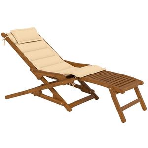 Outsunny Șezlong/Scaun Pliabil din Lemn cu Suport pentru Picioare Detașabil și Pernă cu Suport pentru Cap Capacitate 160 kg 158x61x70 cm Bej | Aosom Romania imagine