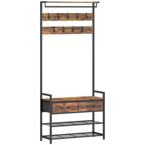 HOMCOM Cuier cu cârlige pentru haine, bancă pentru încălțăminte, organizator industrial pentru hol, cadru din oțel, Maro rustic | Aosom Romania imagine