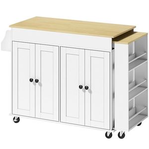 HOMCOM Insulă de bucătărie cu roți Blat extensibil 4 uși Rafturi reglabile Suport pentru condimente și suport pentru prosoape Alb | Aosom Romania imagine