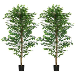 HOMCOM Set de 2 plante artificiale ficus inaltime 1, 80 m trunchi crengi lina muschi frunze foarte realiste ghiveci inclus verde | Aosom Romania imagine