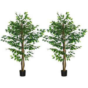 HOMCOM Set de 2 plante artificiale ficus înălțime 1, 50 m trunchi crengi liane frunze realism ridicat ghiveci inclus verde | Aosom Romania imagine