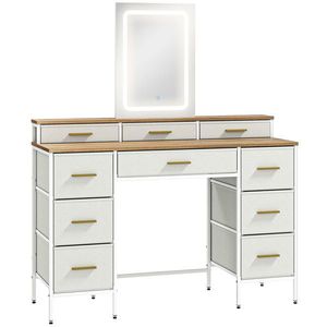 HOMCOM Masă de toaletă cu oglindă și lumini LED 3 culori, masă de machiaj 10 sertare din material textil, 118, 5 x 39, 5 x 140 cm natural | Aosom Romania imagine