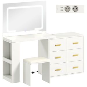 HOMCOM Toaletă cu oglindă și taburet, masă de machiaj cu iluminare LED reglabilă, 6 sertare, 118 x 78 x 135 cm, alb | Aosom Romania imagine