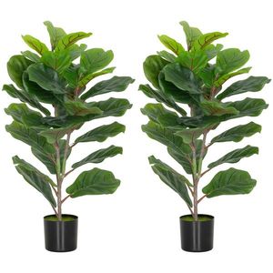 HOMCOM Set de 2 plante artificiale de interior 80 cm ficus lyrata arbore artificial cu ghiveci din plastic și sol flocat verde | Aosom Romania imagine
