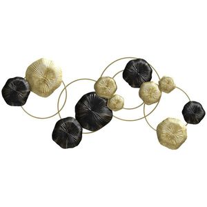HOMCOM Decorațiune de perete din metal în formă de frunză de lotus, design unic cu discuri multiple, 84 x 35 cm, auriu și negru | Aosom Romania imagine