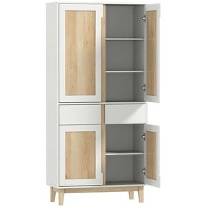 HOMCOM Bufet înalt de bucătărie, dulap de bucătărie cu 4 uși, 2 sertare și rafturi reglabile, 80x35x170cm, alb și stejar | Aosom Romania imagine