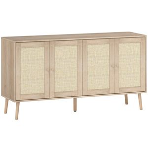 HOMCOM Bufet pentru living, mobilier de depozitare cu uși cu împletitură (cannage) și poliță reglabilă 140 x 40 x 75 cm, aspect lemn natural | Aosom Romania imagine