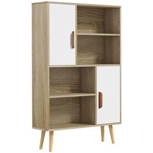 HOMCOM Bibliotecă scandinavă 4 nișe + 2 dulapuri cu poliță dim. 80L x 24l x 123H cm Picioare conice înclinate Lemn masiv Stejar | Aosom Romania imagine