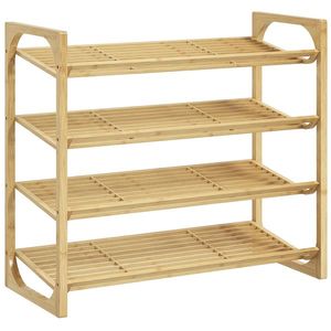 HOMCOM Etajeră pentru pantofi cu 4 niveluri, depozitare 12 perechi cu design cu lamele, bambus, 76x33x67cm, lemn natural | Aosom Romania imagine