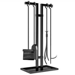 Outsunny Set servitor pentru șemineu 5 piese, unelte pentru șemineu, din metal, mătură, lopată, clește, tisonier și suport, negru | Aosom Romania imagine