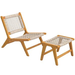 Outsunny Fotoliu de grădină cu taburet 2 piese lemn de acacia certificat FSC fotoliu lounge exterior cu șezut din ratan stil boho picioare reglabile | Aosom Romania imagine