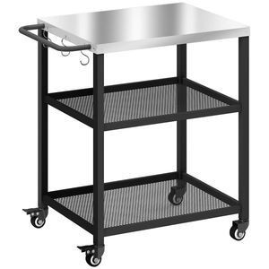 Outsunny Cărucior pentru grătar cu 3 niveluri mobil cu roți și frână Blat din oțel inoxidabil Raft reglabil Cârlige Negru | Aosom Romania imagine