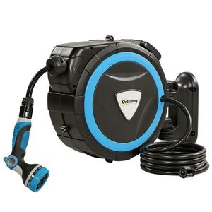 Outsunny Derulator Furtun Udare Montat pe Perete 14+1, 5 m cu Blocare și Adaptoare, Rotativ 180°, 12 Moduri, 49x15x37cm, Albastru | Aosom Romania imagine