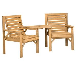 Outsunny Set bistro 3 piese din lemn rezistent la intemperii, set mobilier de grădină cu design cu lamele, orificiu pentru umbrelă Maro | Aosom Romania imagine
