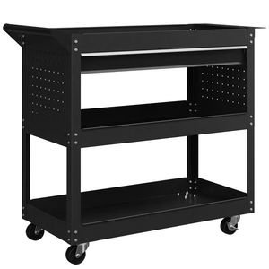 DURHAND Cărucior cu 3 Niveluri din Oțel cu Sertar, Suport Lateral pentru Unelte și Mâner, Negru | Aosom Romania imagine