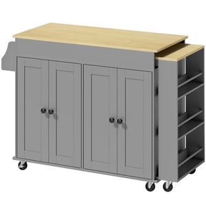 HOMCOM Insulă de Bucătărie pe Roți Blat Extensibil 4 Uși Rafturi Reglabile Suport pentru Condimente și Prosoape Gri | Aosom Romania imagine