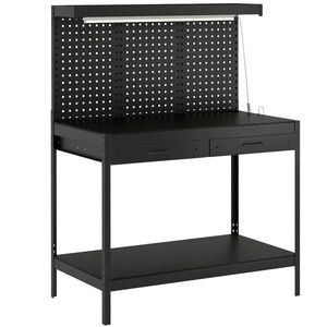 HOMCOM Banc de lucru 110 cm cu panou perforat, banc robust cu șină de prize și iluminare LED, Negru | Aosom Romania imagine