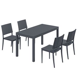 Outsunny Set mobilier de grădină, grup de scaune 5 piese, masă lată cu 4 scaune stivuibile, design lamelar pentru 4 persoane, gri închis | Aosom Romania imagine