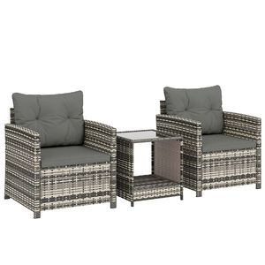 Outsunny Set mobilier exterior 3 piese din rășină împletită, masă și 2 fotolii cu perne, 62x65x75 cm, Gri deschis | Aosom Romania imagine