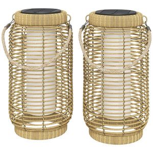 Outsunny Set de 2 Lampadare Exterioare Solare din Rășină Împletită, Lumină LED de Grădină din Oțel, Pornire/Oprire Automată Bej nisip | Aosom Romania imagine