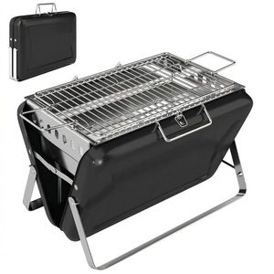 Outsunny Grătar pe cărbune din oțel inoxidabil BBQ Smoker cu grilă, mâner și picioare pliante pentru barbecue camping 40x28x25, 5cm Negru | Aosom Romania imagine