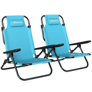 Outsunny Set de 2 scaune de plajă pliabile cu 5 poziții, cu spătar, tetieră și cotiere, 63x75x80cm, Albastru deschis | Aosom Romania imagine