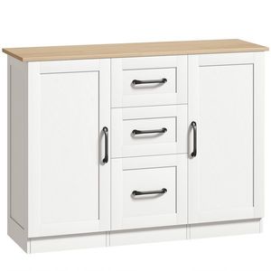 HOMCOM Bufet pentru living, mobilier de depozitare cu 2 uși cu închidere silențioasă și 3 sertare, 110x35x80, 4cm, alb și lemn natural | Aosom Romania imagine