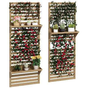 Outsunny Lot de 2 suporturi pentru plante interioare, port plante interioare cu rafturi și plasă 60 x 18 x 170 cm, lemn natural | Aosom Romania imagine