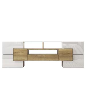 Dulap TV cu iluminare LED, suprafețe din sticlă, cu 6 uși, 2 sertare și 3 compartimente, 145x30x51 cm, Alb+Natur. imagine