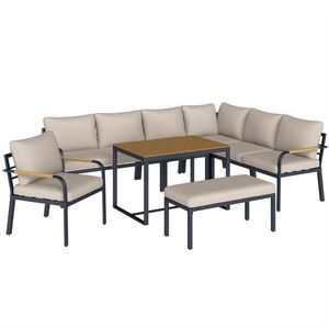 Outsunny Set mobilier grădină 7 piese Colțar modular exterior cu masă WPC și pouf bej și gri | Aosom Romania imagine
