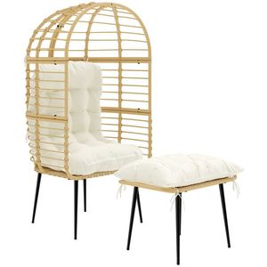 Outsunny Fotoliu de grădină cu taburet PE-Rattan, fotoliu în formă de ou cu perne lungi & groase, cadru metalic Bej | Aosom Romania imagine