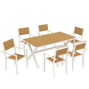 Outsunny Set Masă și Scaune de Grădină 7 Piese, Set Prânz Exterior din Aluminiu cu 6 Scaune Stivuibile, Masă cu Șipci Imitatie Lemn, pentru Terasă, Balcon, Patio, Teak | Aosom Romania imagine
