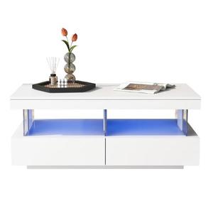 Masă de cafea modernă cu finisaj lucios, iluminare LED, 2 sertare, 100x60x49, 5 cm, Alb imagine