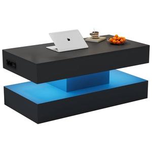 Masă de cafea modernă cu iluminare LED și spațiu de depozitare ascuns, măsuță laterală cu sistem hidraulic de ridicare, 100x50x42 cm, Negru imagine