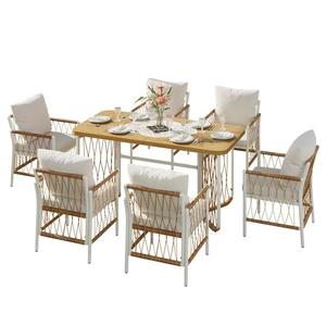 Set modern de mobilier de grădină, 7 piese, cadru alb din fier cu cotiere împletite, 1 masă+6 scaune, Bej+Culoare naturală imagine