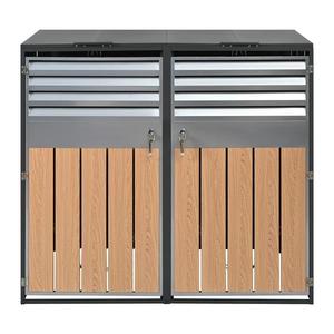 Cutie pentru pubele cu capac rabatabil hidraulic, design în două părți pentru 2 pubele, 132x80x118, 5 cm, Gri+Culoare naturală imagine