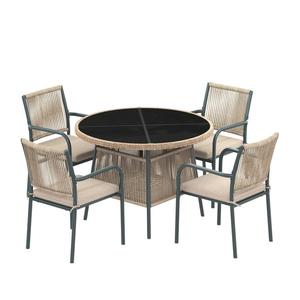 Set mobilier de grădină modern, 5 piese, masă rotundă cu blat din sticlă securizată, 4 scaune cu brațe cu spătar din sfoară, Gri imagine