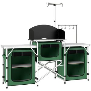 Outsunny Mobilier de Bucătărie pentru Camping Pliabil cu 3 Blaturi, 4 Cârlige, Stâlp de Lumină și Husă de Transport 172x48x119 cm Verde | Aosom Romania imagine