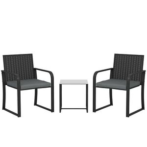 Outsunny Set de mobilier de grădină din ratan sintetic cu 2 scaune cu perne și masă cu blat din sticlă, gri | Aosom Romania imagine