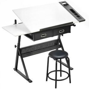 HOMCOM Masă de desen cu taburet și 2 sertare, înălțime reglabilă, blat înclinabil 0° à 60°, 120 x 60 x 68-92 cm, alb | Aosom Romania imagine