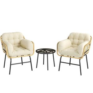 Outsunny Set mobilier exterior 3 piese din rășină împletită, masă din sticlă securizată, 2 fotolii cu perne, 62x73x79cm, Kaki | Aosom Romania imagine