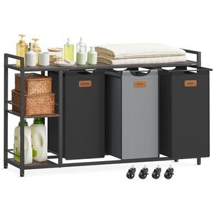 Cos de rufe cu 3 compartimente, rafturi si roti, Vasagle, 150 L, 117x33x80.5 cm, otel/PAL/tesatura Oxford, negru/gri imagine