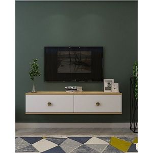 Comoda TV, Hanah Home, Zuzu 120, 120x25.8x29.6 cm, PAL , Stejar Safir / Alb / Auriu imagine