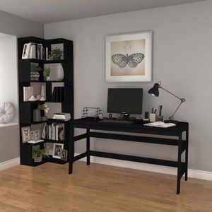 Set birou si biblioteca, Hanah Home, CPT4804-150, 55x192x27 cm, Placaj, Negru imagine