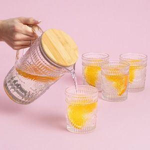 Set carafa si 4 pahare Lobos, Homla, 1 L / 300 ml, sticla/bambus, transparent/natur imagine